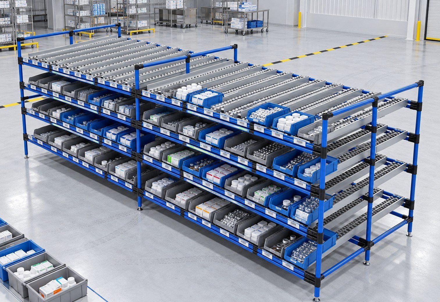 Rak staging dan flow rack FIFO pipe joint system untuk area pendukung pabrik farmasi