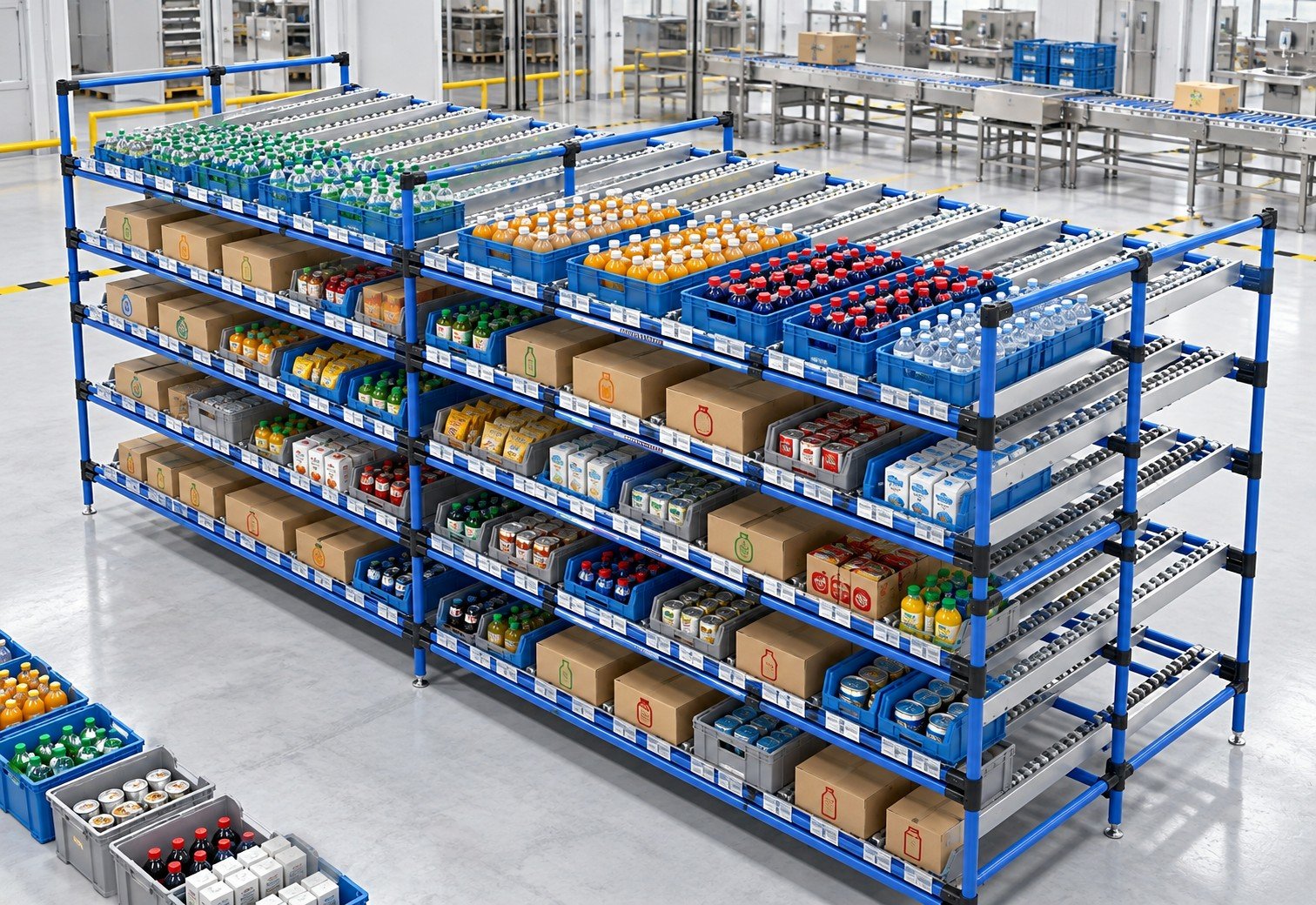 Flow rack FIFO dan trolley higienis pipe joint system untuk pabrik makanan dan minuman