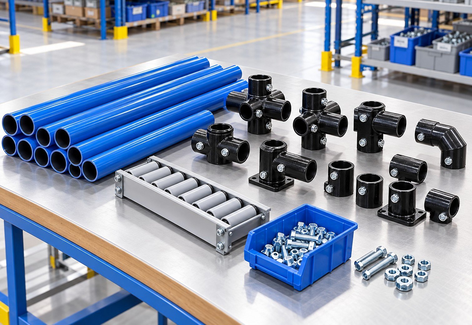 Komponen pipe joint system: pipa, metal joint, dan roller